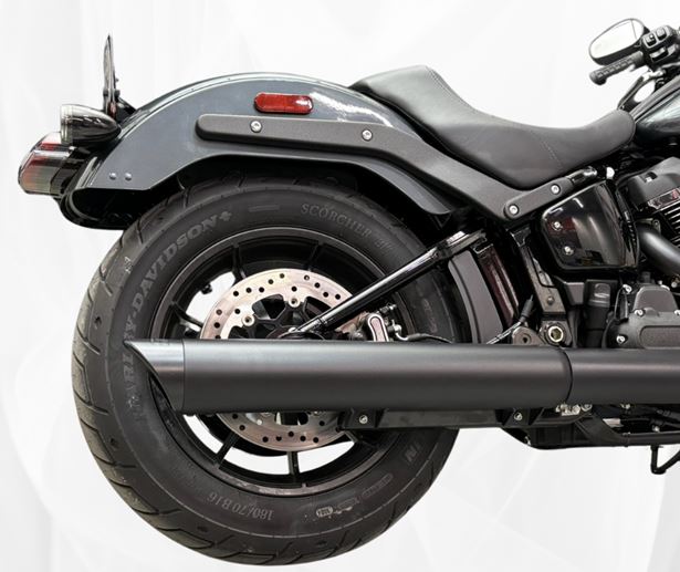 131-2297-B-Z_0-XNEBF 2025-Up Harley-Davidson Cruiser/Softail Cruiser 2-1 Slip-On Muffler 4 Inch Black Black Slash Cut Tip Zombie Baffle (Loud) Tab Performance - Image 1