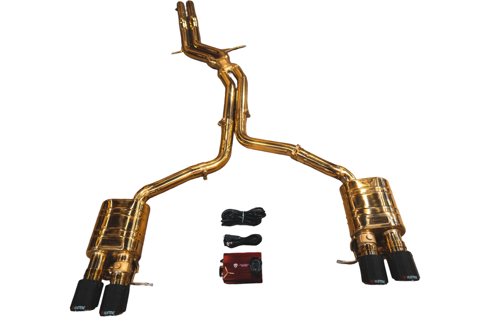 AUD.B8.S4.VSES.AG.FC-JZYF 2010-2016 Audi B8, B8.5 S4, S5 3.0, 4.2L Catback T304 Stainless Steel Finished in Anodized Gold Forged Carbon 3.5 Inch Outlet Tips Valvetronic Designs - Image 1
