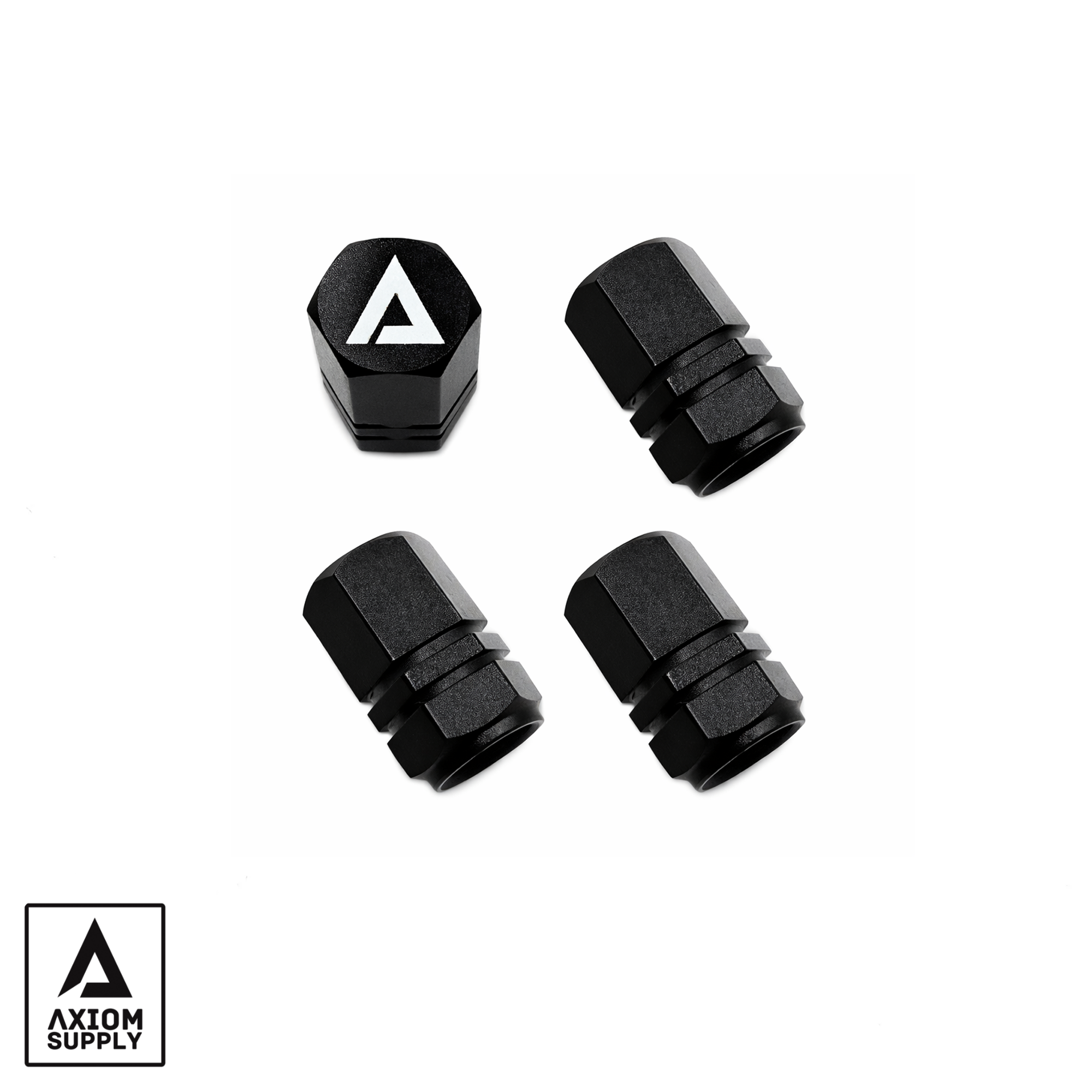 AXVCSET-XXVEZ Valve Stem Caps Hex Design Black Billet Aluminum Fits Standard Schrader Valves Set of 4 Axiom Supply - Image 1