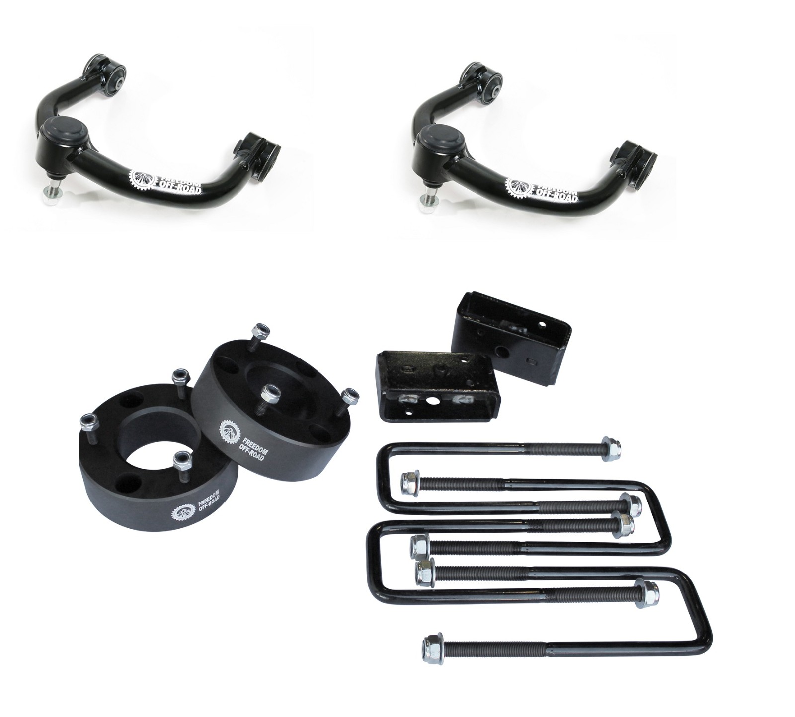 FO-F604-3ALFO-F704FU-GHNX 3 Inch Front Strut Spacer 3 Inch Rear Lift Blocks w/U Bolts + Lift Front Upper Control Arms 04-20 F-150 06-08 Mark LT Freedom Off-Road - الصورة 1