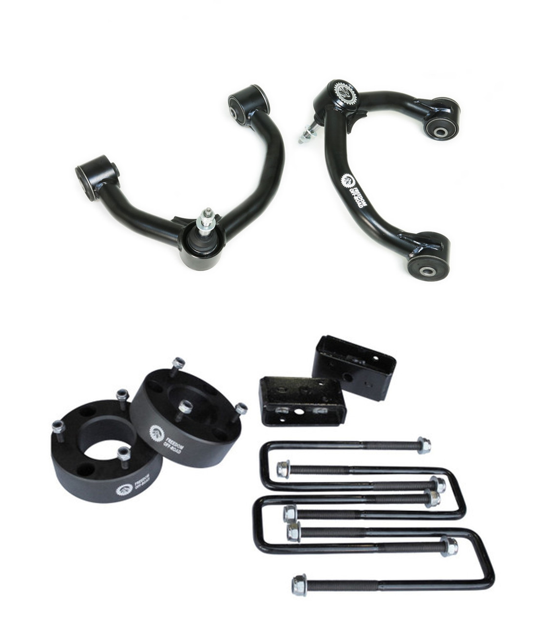 FO-F605-2ALFO-F708FU-GHNX 3 Inch Front Strut Spacer/2 Inch Rear Lift Blocks w/ U Bolts and Front Upper Control Arms Freedom Off-Road - Image 1