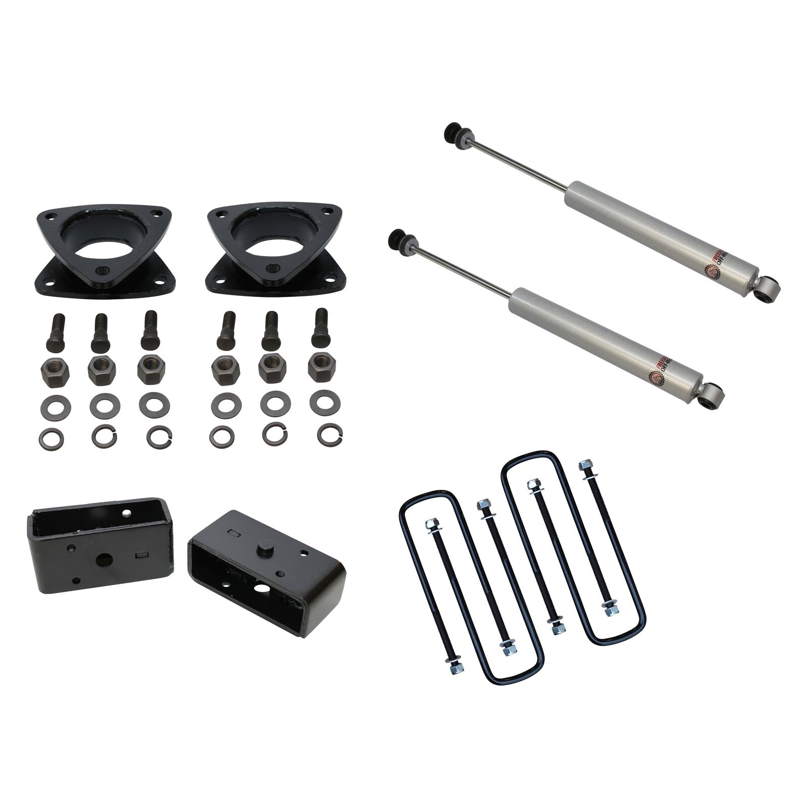 FO-T501-KIT_0-GHNX 3 Inch Front Strut Spacers 2 Inch Rear Blocks w/U Bolts and Shocks 05-23 Tacoma Freedom Off-Road - Image 1