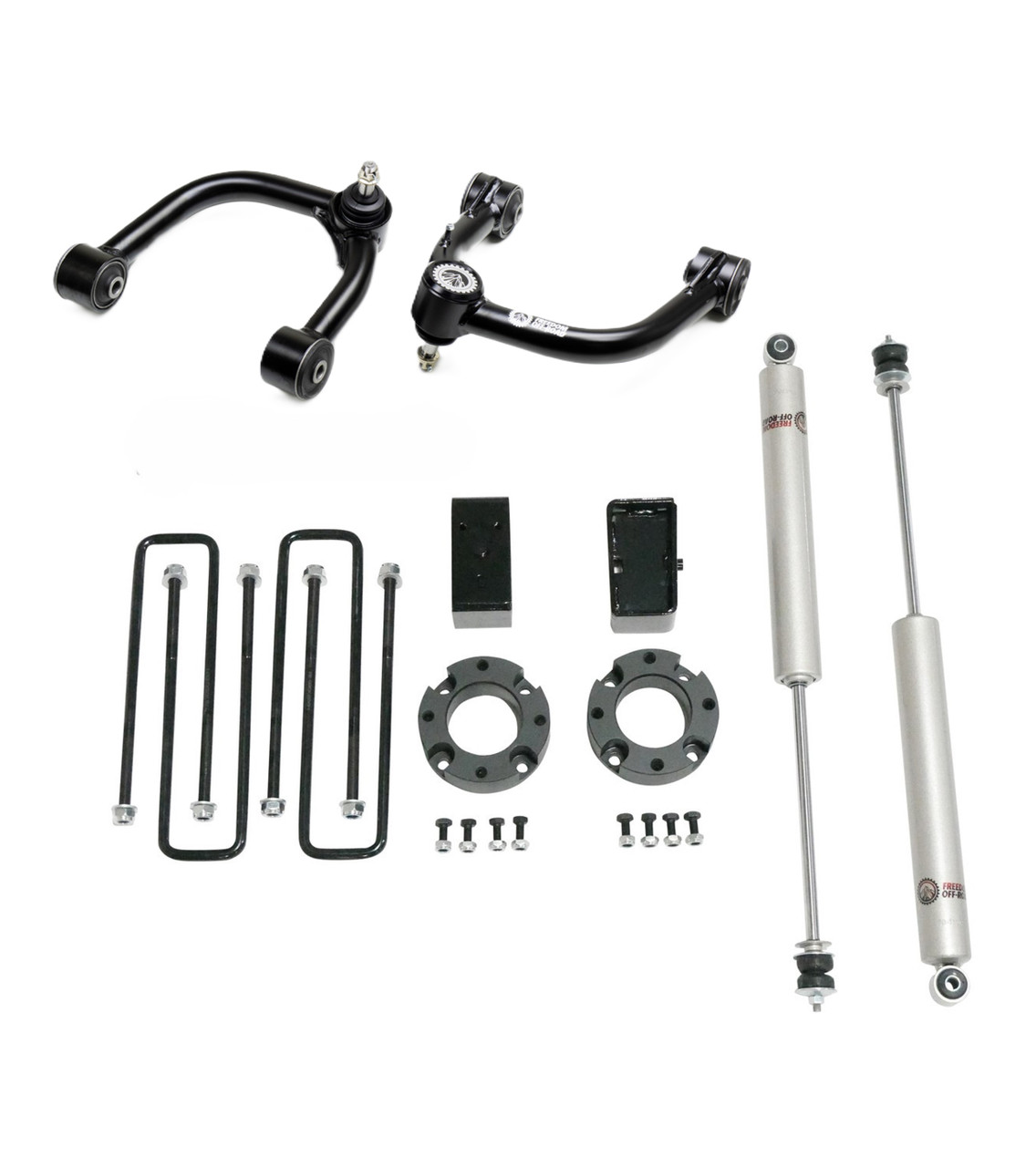 FO-T601-3ALFO-T301RFO-T701FU-GHNX 3 Inch Lift Kit Front Spacers w/ Rear Blocks, Shocks, and Control Arms 05-23 Toyota Tacoma Freedom Off-Road - Image 1
