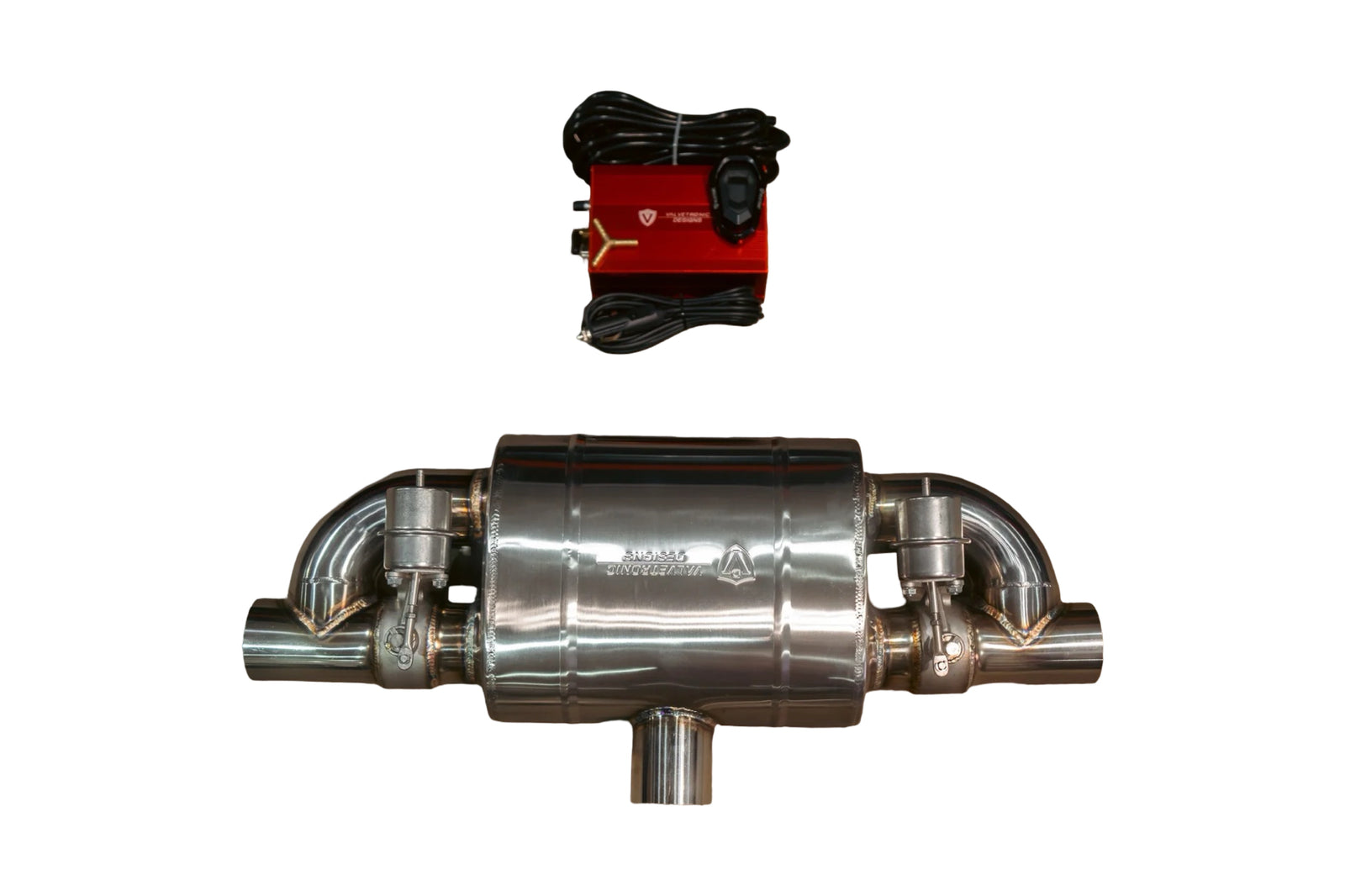 UVM.63MM.TSTYLE.X1-JZYF T Style Universal Muffler Kit Single Inlet Dual Outlet 63MM 2.5 Inch Valvetronic Designs - Image 1