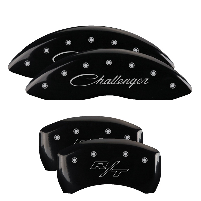 12162SCLRBK-FDLQ Set Of 4 Caliper Covers Engraved Front Cursive Challenger Engraved Rear RT 2011-2023 Dodge Challenger 18 inches - الصورة 1