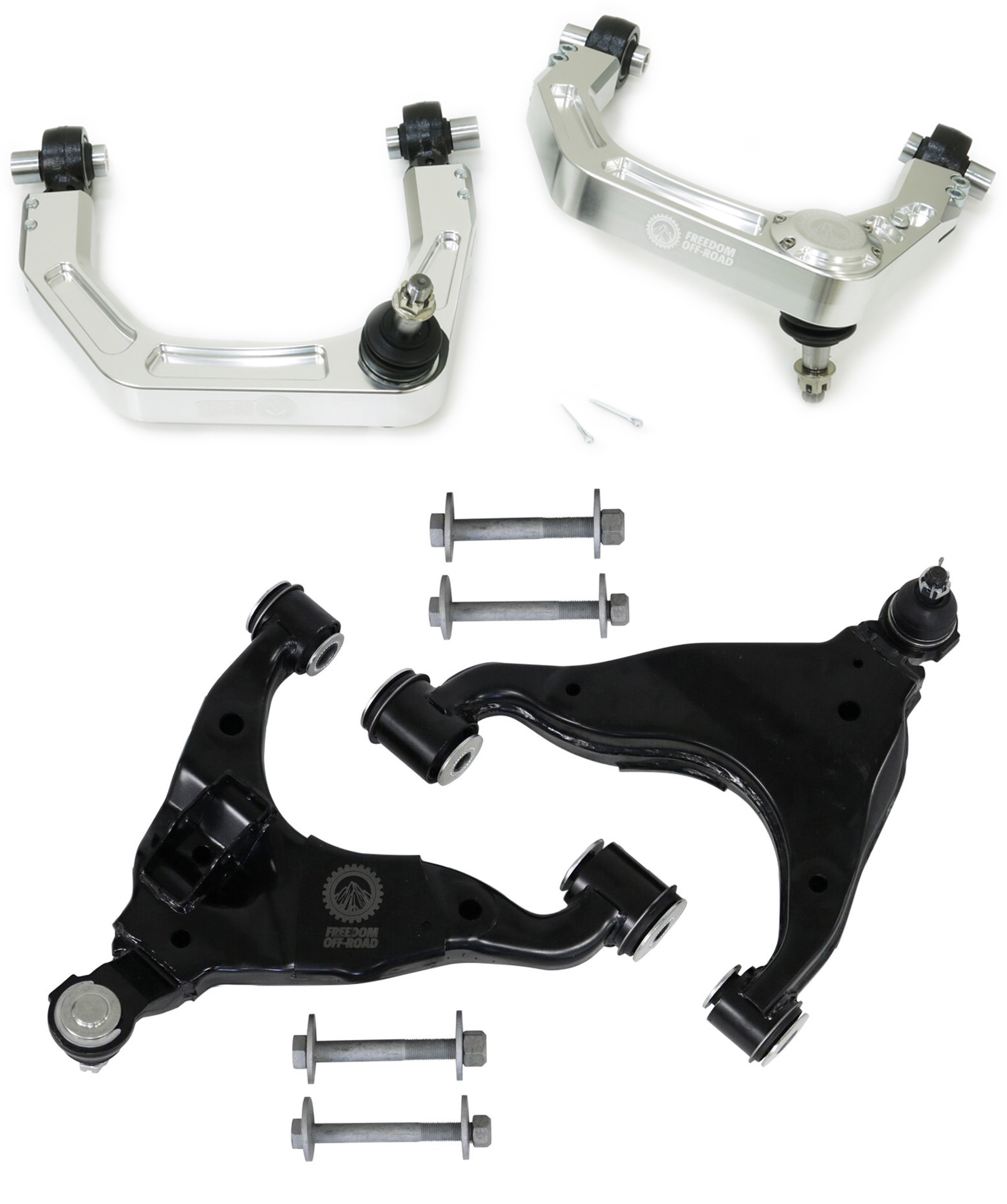 FO-T702FU-BTFO-T702FL_0-GHNX Billet Front Upper Control Arms and OEM Replacement Lower Control Arms for 2-4 Inch Lift 10-24 Toyota 4Runner/11-14 Toyota FJ Cruiser (NON-KDSS) Freedom Off-Road - الصورة 1